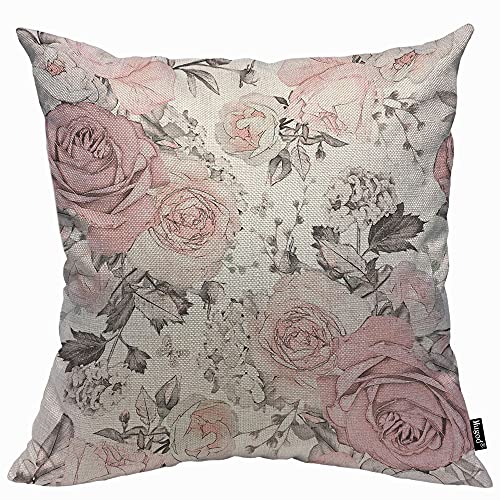 Mugod Kissenbezug mit rosafarbenen Blumen und Blättern, Retro-Stil, Frühlingsblumen, Zweige, Rose in Pastellfarbe, grau, Kissenbezug für Herren und Damen, dekorativ, Zuhause, Sofa, Couch, 45 x 45 cm von Mugod