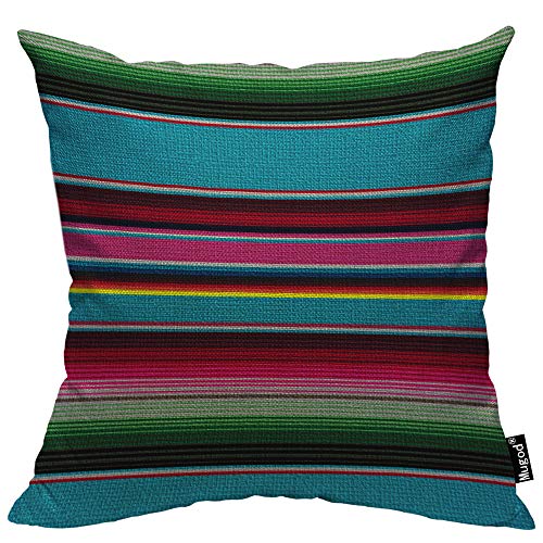 Mugod Mexikanische Decke-Streifen, dekorativer Überwurf, Kissenbezug, ethnisch, gestreift, rot, rosa, blau, grün, gelb, Baumwolle, Leinen, quadratisch, Bett, 45.7 x 45.7 cm von Mugod