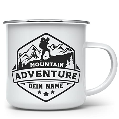 Emaille Tasse Camping bedrucken und personalisieren mit Namen - Adventure Motiv auf Metalltasse von Mugvilla