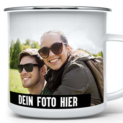 Emaille Tasse Fototasse Bedrucken und Personalisieren - Silberner Trinkrand für Camping personalisiert von Mugvilla