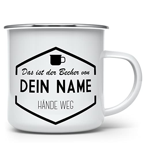 Emaille Tasse bedrucken mit Namen - Blechtasse, Emaillebecher mit Rand Silber von Mugvilla