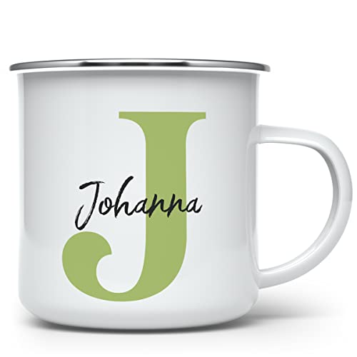 Emaille Tasse mit Namen und Initial bedrucken als Metalltasse Emaillebecher für Camping und Outdoor personalisiert von Mugvilla