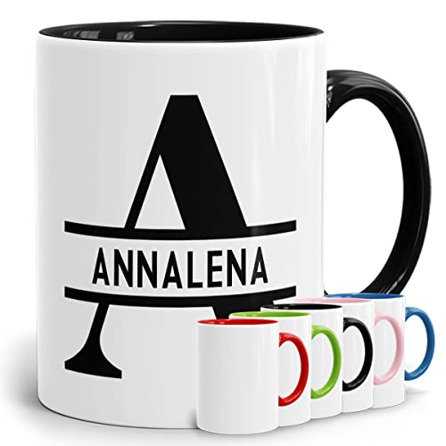 Personalisierte Tasse 0,3 L - Namenstasse mit Anfangsbuchstaben und Namen Keramik - personalisiert mit Initial einfarbig schwarz - viele Tassenfarben von Mugvilla