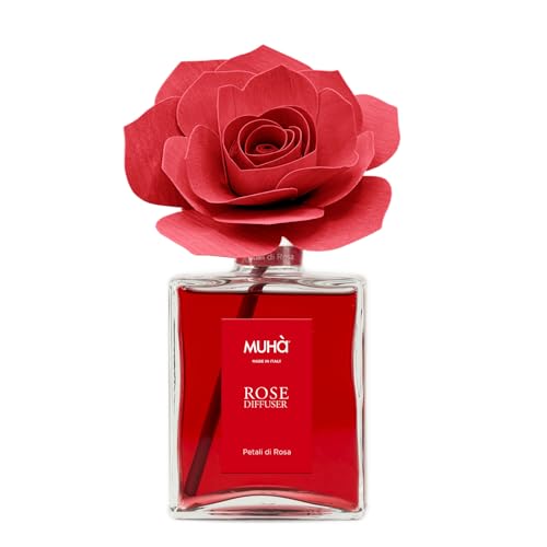 MUHA' | Duftdiffusor für Räume Rosa Diffuser, Duft Petali di Rosa, Raumduftdiffusor mit Rose aus Birkenholz, 200 ml Format. von Muhà