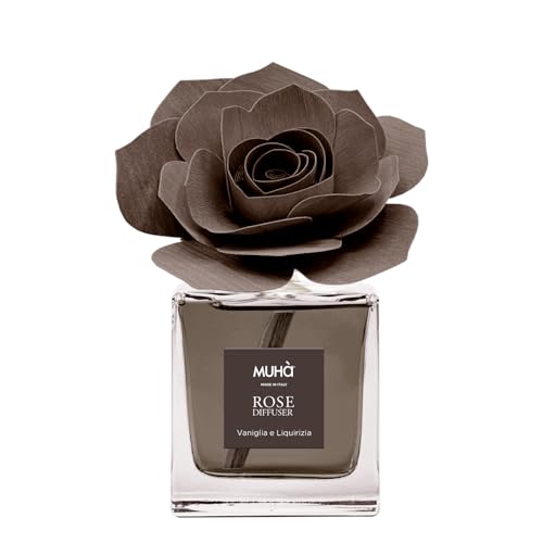 MUHA' | Raumduftspender Rosa Diffuser, Duft Vanille und Lakritz, Raumduftspender mit Rose aus Birkenholz, 100 ml Format. von Muhà