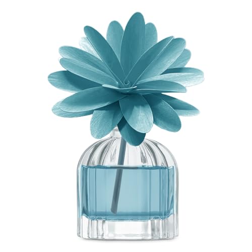 Muhà Duftdiffusor 60 ml. Flower Diffuser aus Glas und Holz, Maße: 118 x 139 x 152 mm. Objekt in der Farbe Hellblau und Frankreich: Meeresbrise. Die Referenz lautet h06 von Muhà