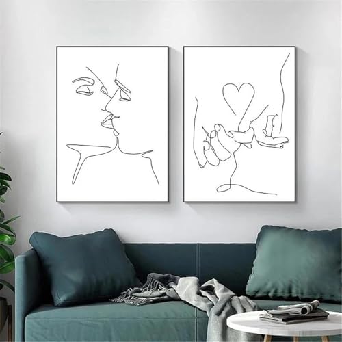 2 minimalistische Schwarz-Weiß-Linienzeichnung Paar Kuss Drucke Herz Kunst Leinwand Malerei Hand in Hand Poster Bilder Home Decor 60x80cmx2 ohne Rahmen von Muholin