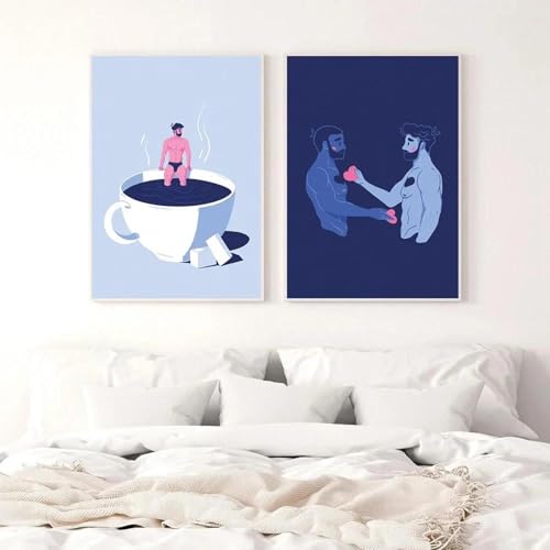 2 nordische Cartoon-homosexuelle Paare, die im Mondlicht baden und die Liebe umarmen, Poster auf Leinwand, Gemälde, Wandkunst, Bilder, Wohnkultur 30x40cmx2 ohne Rahmen von Muholin