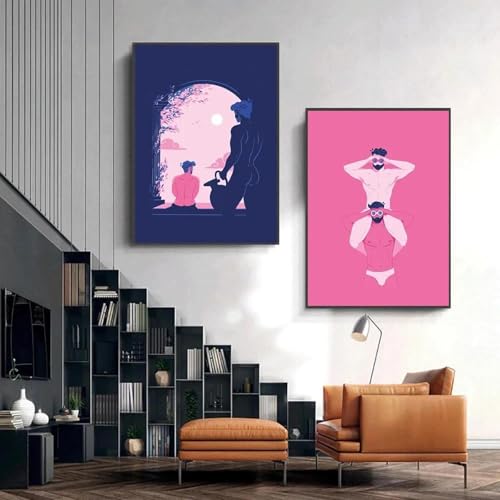 2 nordische Cartoon-homosexuelle Paare, die im Mondlicht baden und die Liebe umarmen, Poster auf Leinwand, Gemälde, Wandkunst, Bilder, Wohnkultur 30x40cmx2 ohne Rahmen von Muholin