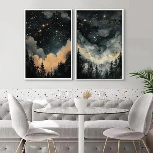 Muholin 2 Leinwanddruck Vintage Natur WandKunst Dekor Mond im Sternenhimmel Volkskunst Floral Mond Sterne 21x30cmx2 ohne Rahmen Muholin 2 Leinwanddruck Vintage Natur WandKunst Dekor Mond im Sternenhimmel Volkskunst Floral Mond Sterne 21x30cmx2 ohne Rahmen von Muholin