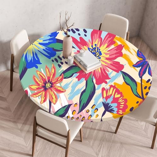 Muiuou Tischdecke Outdoor Rund,Drucken Tischdecke Wasserdicht Abwaschbar Elastisch Rund Gartentischdecke, für Garten,Küche,Esstisch Parteien Tischdecken Dekoration (Durchmesser 140cm,Stil 17) von Muiuou