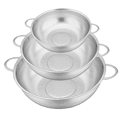 Sieb 3er Set, Nudelsieb mit Griff, Küchensieb aus Edelstahl, Abtropfsieb für Nudeln, Obst, Reis, Gemüse, spülmaschinenfest von Mujiluxe