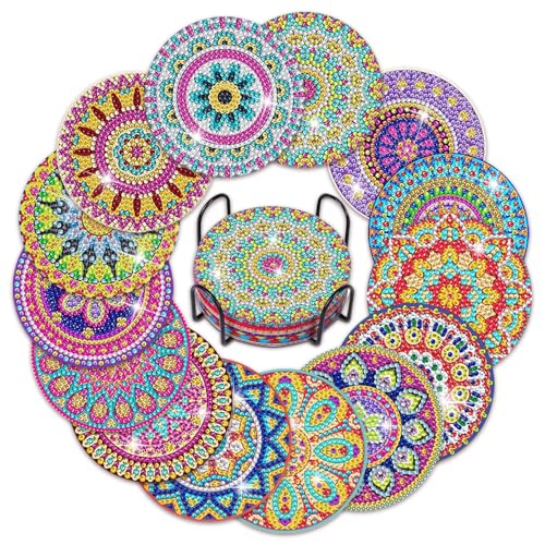 Mulaibdin 14 Stück Diamond Painting Untersetzer, Glasuntersetzer mit Halter, Tassen Untersetzer Mandala, DIY Diamond Coasters Set, Getränkeuntersetzer Rund für Erwachsene,Kinder Anfänger von Mulaibdin