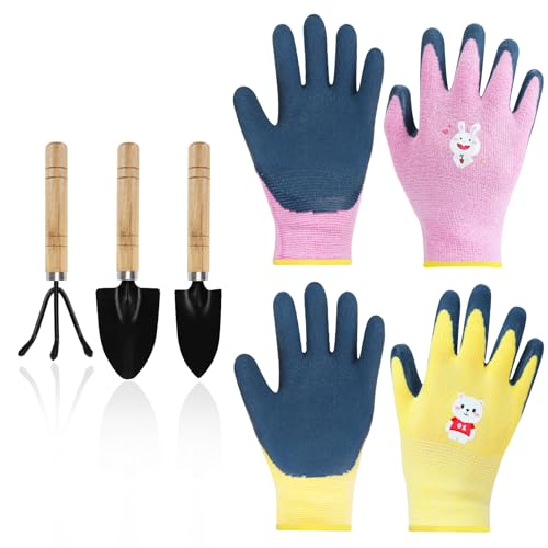 Mulaibdin 2 Paar Arbeitshandschuhe Kinder, Gartenhandschuhe Dornenfest Kinder, Schutzhandschuhe Kinder mit 3 Gartenwerkzeug Set Mini, Reithandschuhe & Kletterhandschuhe (5-9 Jahre A) von Mulaibdin