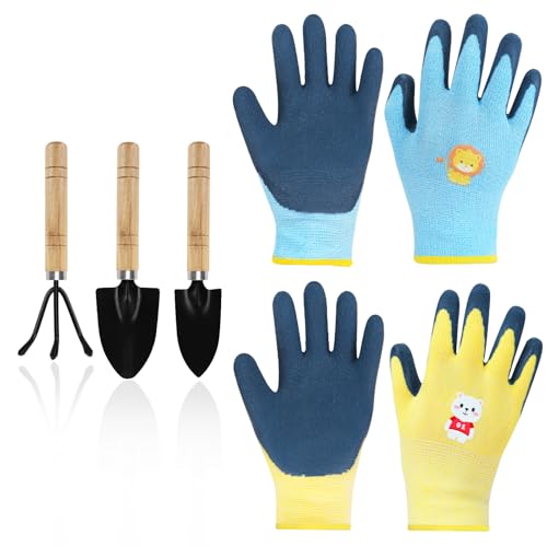 Mulaibdin 2 Paar Arbeitshandschuhe Kinder, Gartenhandschuhe Dornenfest Kinder, Schutzhandschuhe Kinder mit 3 Gartenwerkzeug Set Mini, Reithandschuhe & Kletterhandschuhe (5-9 Jahre B) von Mulaibdin