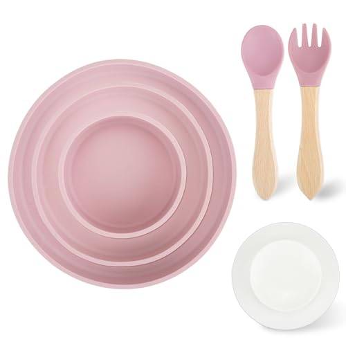 Mulaibdin 3 Stück Kinderteller Set, Baby Teller mit Saugnapf Abnehmbar, Silikon Teller Baby mit Esslernlöffel, Baby Schüssel Brei Klein, Baby Geschirrset für Entwöhnung, BPA-Frei (Rosa) von Mulaibdin