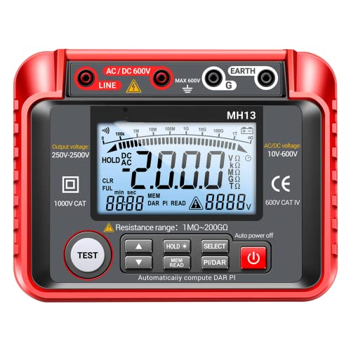 Mulcort MH13 250V-2500V Digitaler Isolationswiderstandstester 1MΩ-200GΩ Megohm Test Meter Auto Range 2000 Counts LCD Display 10V~600V AC/DC Voltmeter mit 100 Datenspeicher von Mulcort