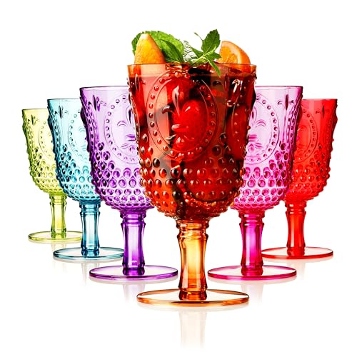 Muldale Wiederverwendbare Kunststoff-Weingläser – Set mit 6 großen bunten Acrylkelchen 450 ml – unzerbrechliches farbiges Outdoor-Picknick-Trinkgeschirr – BPA-frei von Muldale