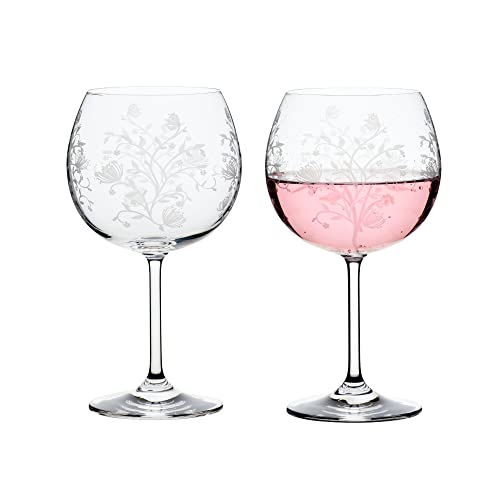 Muldale Geätzte Vintage Gin Gläser Set von 2 Stück, 460 ml, Eleanor Design Floral Weingläser für Margarita, Negroni, Gin, großes Fassungsvermögen, kristallines Glas mit hoher Klarheit von Muldale