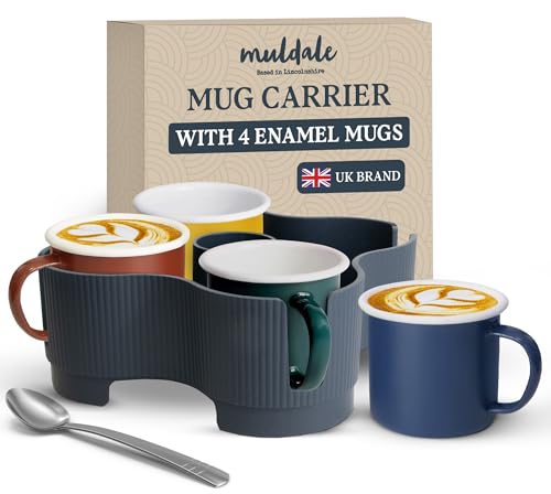 Muldale Getränketräger mit 4 großen Emaille Tassen Camping 375 ml – Wohnwagen, Wohnmobil Tassenhalter – recycelbar – leichter Getränkehalter für einfaches Tragen von Muldale