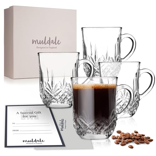 Muldale Set mit 4 Kristall-Kaffeetassen – Klarglas Irische Teetassen für heiße Getränke mit Griffen – heiße Toddy Gläser – 320 ml von Muldale