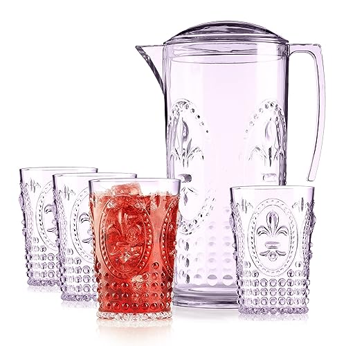 Muldale Picknick Wasserkrug mit Deckel und Gläser-Set – Krug aus Acryl-Kunststoff mit Deckel, 5er-Set – Barock-Stil – 2300 ml Kunststoffkrug Muldale Picknick Wasserkrug mit Deckel und Gläser-Set – Krug aus Acryl-Kunststoff mit Deckel, 5er-Set – Barock-Stil – 2300 ml Kunststoffkrug von Muldale