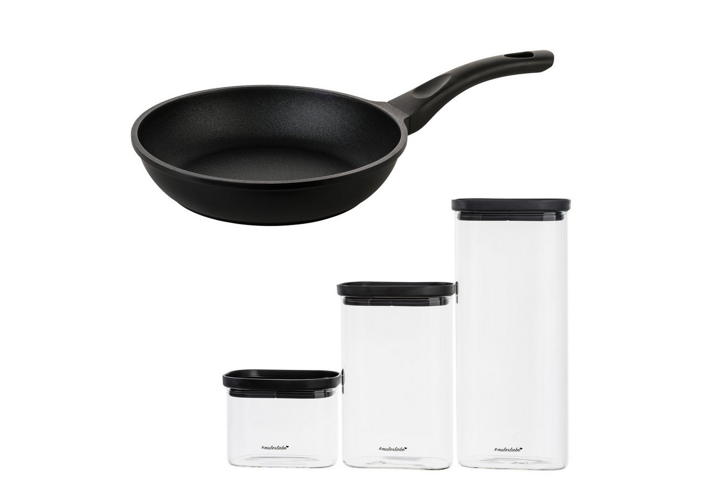 Mulex Bratpfanne TOMALIN Premium 26 cm inklusive LIDKÖPING Meal Cubes Schwarz aus Glas, Pfanne Aluguss (Premium Qualität, 7-tlg., Tomalinbeschichtung // Meal Cube aus Glas), Induktionsgeeignet von Mulex
