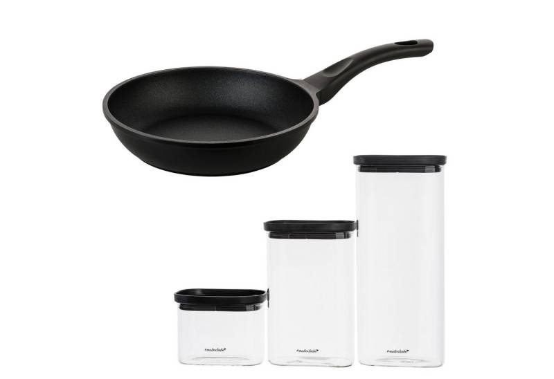 Mulex Bratpfanne TOMALIN Premium 26 cm inklusive LIDKÖPING Meal Cubes Schwarz aus Glas, Pfanne Aluguss (Premium Qualität, 7-tlg., Tomalinbeschichtung // Meal Cube aus Glas), Induktionsgeeignet von Mulex