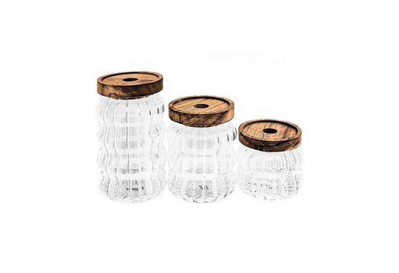 Mulex Vorratsglas 3erSet mit luftdichtem Holzdeckel aus Borosilikatglas Wave-Style von Mulex
