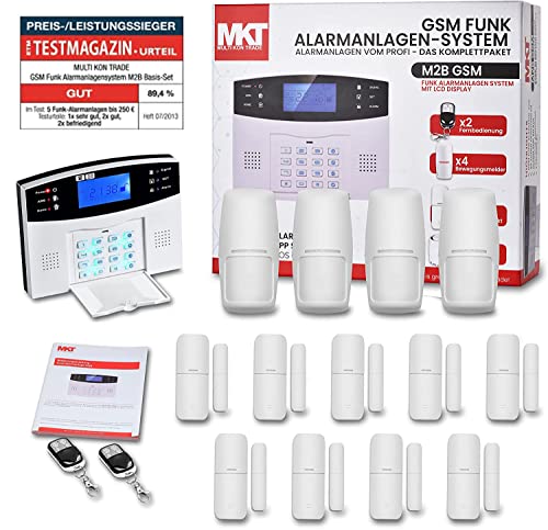 Multi Kon Trade M2B GSM Funk Alarmanlage mit LCD Display – umfangreiches Alarmanlagen Komplett-Set mit Bewegungsmelder, Tür- & Fensterkontakten, erweiterbares Alarmsystem mit Fernsteuerung von Multi Kon Trade