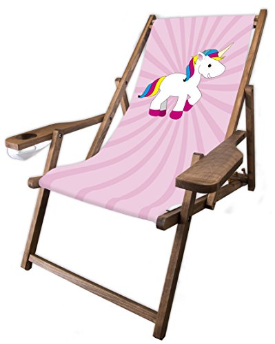 MultiBrands® Holz-Liegestuhl, mit Armlehne und Getränkehalter, mit dunkler Lasur, klappbar, Einhorn rosa von MultiBrands