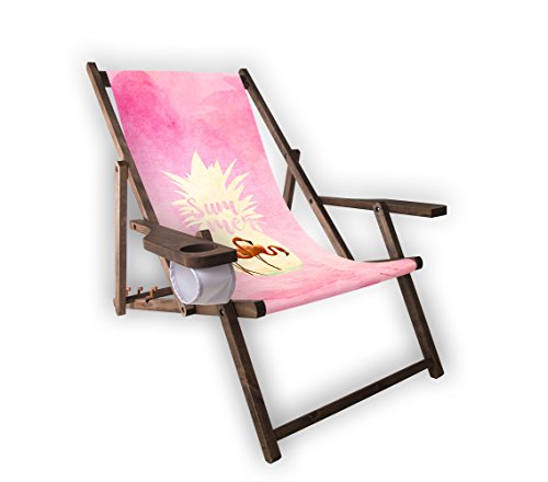 MultiBrands® Holz-Liegestuhl, mit Armlehne und Getränkehalter, mit dunkler Lasur, klappbar, Motiv Summer von MultiBrands