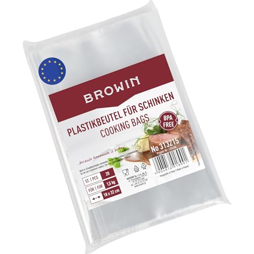 BROWIN® Plastiktüten zum Schinkenkochtopf 313215 | Praktische und hochwertige Folienbeutel für den Schinkenkocher | 1,5 kg Kapazität - Set mit 20 Stück | Einwegbeutel für müheloses Schinkenkochen von Browin