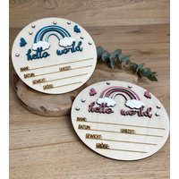Hello World Geburt Geschenk/Baby Daten Holzscheibe New Born von MultiManufaktur