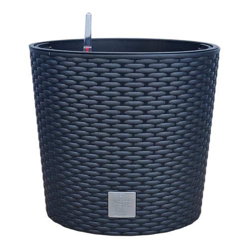 HappyFlower MultiProject Blumentopf Pflanzkübel inkl. Einsatz rund Rattan-Optik 4 Größen 4 Farben Übertöpfe (300, Schwarz) von HappyFlower