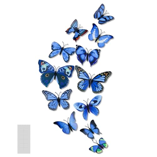 MultiValue 12 Stück Emulation 3D Schmetterling Deko Wandkunst Aufkleber, PVC Schmetterling Magnetische mit Klebeband für Kühlschrank Wand Deko (Blau) von MultiValue