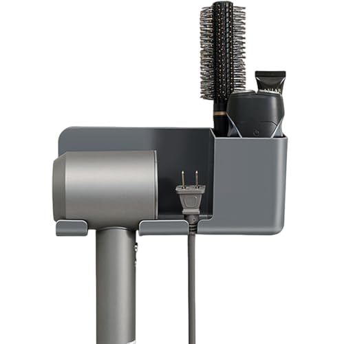 MultiValue Föhnhalter Wand Ohne Bohren, Glatter, abriebfester föhn Halterung selbstklebend aus Kunststoff haartrockner Halterung ohne Bohren mit Steckerhalterung und Zwei Ablagefächern (Graue, A) von MultiValue