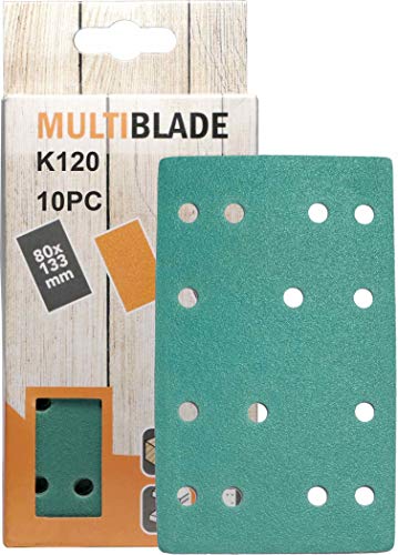 Multiblade Professioneller Klett Schleifblatt 80x133mm, 10 Stück, Korn 120, 14 Löcher, für Holz und Metall, Profesioneller Qualität von Multiblade