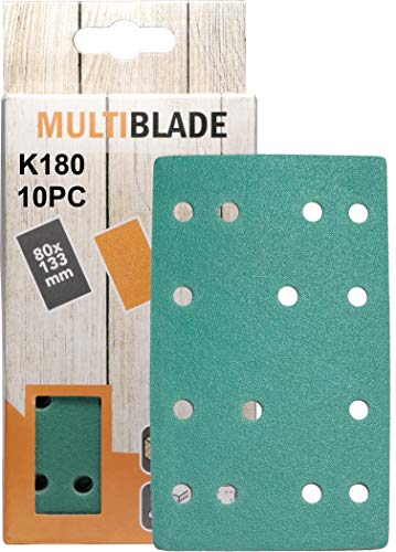 Multiblade Professioneller Klett Schleifblatt 80x133mm, 10 Stück, Korn 180, 14 Löcher, für Holz und Metall, Profesioneller Qualität von Multiblade