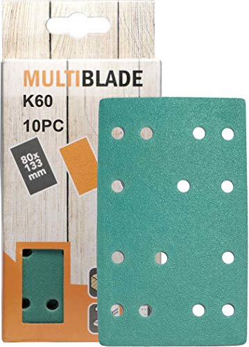 Multiblade Professioneller Klett Schleifblatt 80x133mm, 10 Stück, Korn 60, 14 Löcher, für Holz und Metall, Profesioneller Qualität von Multiblade