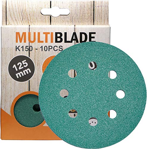 Multiblade Professioneller Klett Schleifscheiben 125mm, 10 Stück, Korn 150, 8 Löcher, für Holz und Metall, Profesioneller Qualität, für Exzenterschleifer, Rotationsschleifer von Multiblade