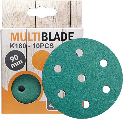 Multiblade Professioneller Klett Schleifscheiben 90mm, 10 Stück, Korn 180, 7 Löcher, für Holz und Metall, Profesioneller Qualität, für Exzenterschleifer, Rotationsschleifer von Multiblade