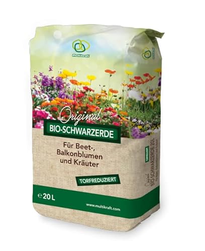 Multikraft Bio-Schwarzerde für Beet-, Balkonblumen und Kräuter 20 Liter mit Terra Preta-Technologie und Effektiven Mikroorganismen angereichert von Multikraft