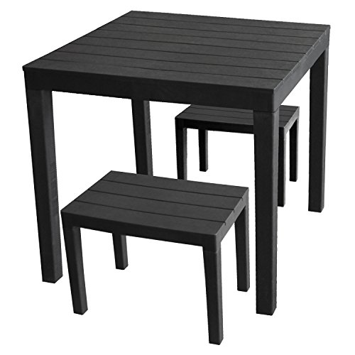 Multistore 2002 3tlg. Gartengarnitur Gartentisch Bali 78x78cm + 2X Hocker Timor Kunststoff Holzoptik Anthrazit von Multistore 2002