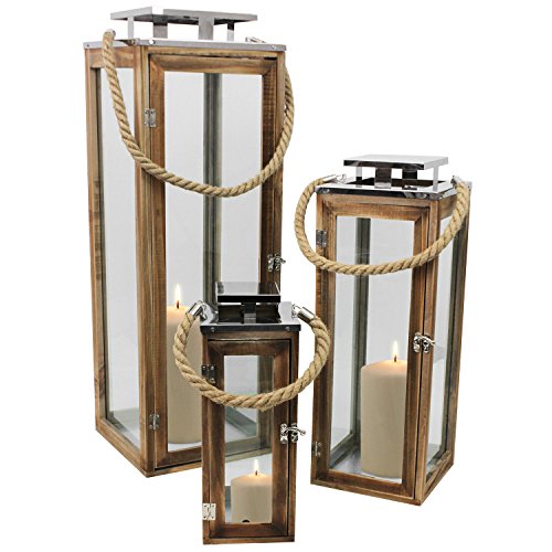 Multistore 2002 3tlg. Laternen-Set H34/50/70cm mit Seil Henkel Natur/Silber Laterne Holzlaterne Kerzenhalter Windlicht von Multistore 2002