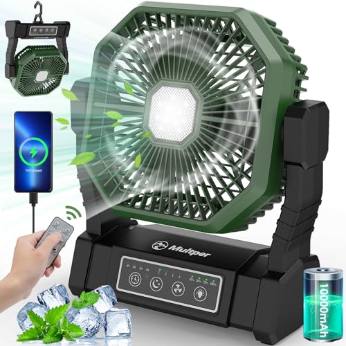 Multper Camping Ventilator mit LED-Licht, 10000 mAh Wiederaufladbarer Outdoor Zeltventilator mit Haken & Fernbedienung, 4 Stufiger Leistungsstarker USB Tischventilator zum Angeln Picknick Schlafzimmer von Multper