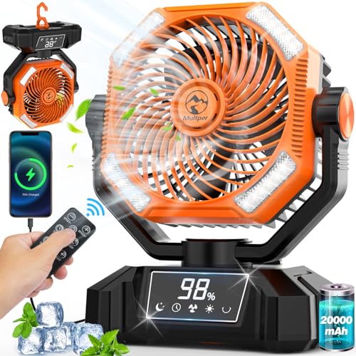 Multper Camping Ventilator mit LED-Licht, 20000mAh Wiederaufladbarer Outdoor Zelt Ventilator mit Haken & Fernbedienung, 5 Stufiger Leistungsstarker USB Tischventilator zum Angeln Picknick Schlafzimme von Multper