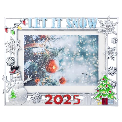 Mulumu 2025 Bilderrahmen mit Weihnachtsdekoration, Schneeflocke, Metall, Fotorahmen mit High-Definition-Glasfront, Geschenkideen, Tischdekoration, Heimdekorativ (Silber 2025) von Mulumu