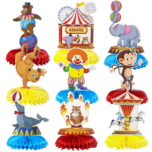Mumjooyi 9 Stück Zirkus Clown Bienenwaben Faschingsdekoration Deko Fasching Clown Deko Geburtstag Bienenwabe Deko 3D Zirkus Deko für Tischdeko Tier Party Bienenwabe Mittelstücke Tischdeko von Mumjooyi