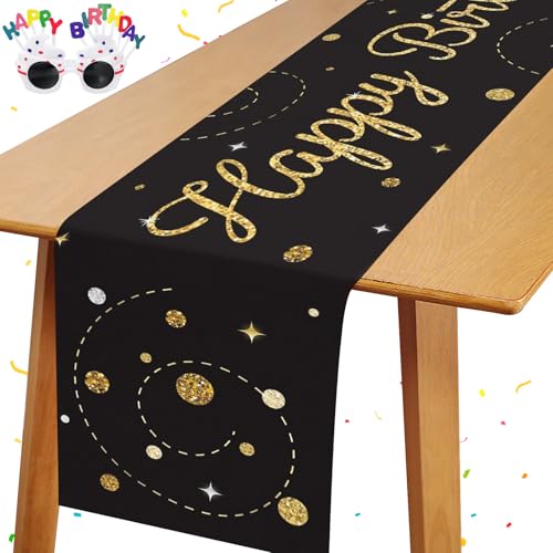 Tischläufer Geburtstag Schwarz Gold Happy Birthday Tischdecke Wiederverwendbar Happy Birthday Tischläufer Tischdeko Geburtstag für Kinder Mädchen Jungen Geburtstags Party Deko von Mumjooyi